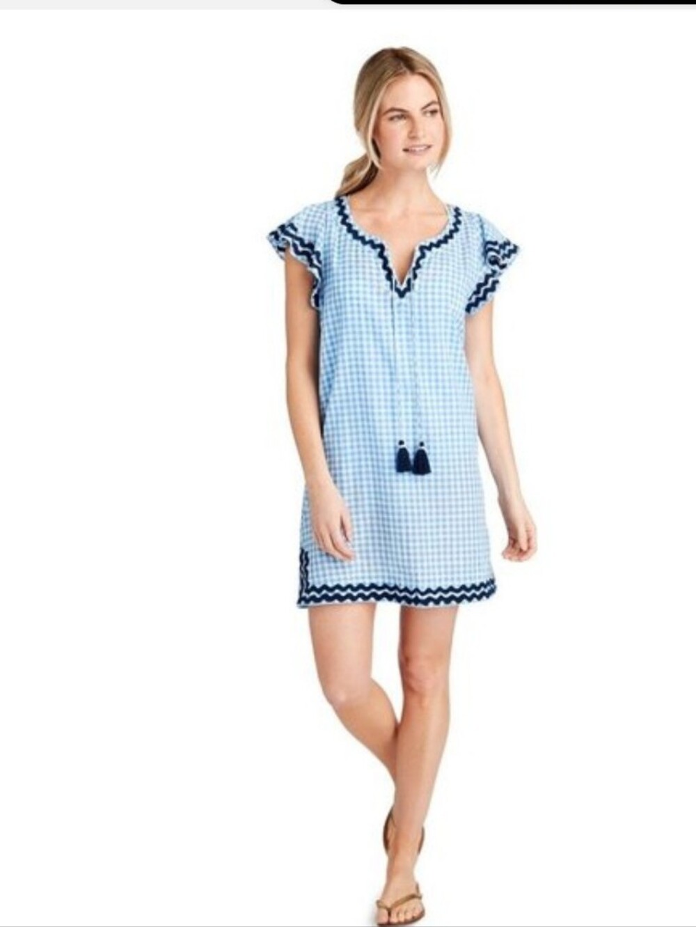 Vineyard Vines Woman's Cotton Blue-White Gingham Ruffle Sleeve Trimmed Dress M